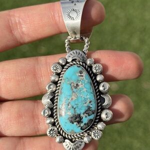 Navajo Native American Sterling Silver Blue Turquoise Pendant R Yazzie Gift